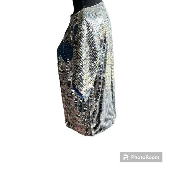 Vintage 80s Joseph le Bon Silver Blue Sequin Silk Short Sleeve Blouse Size Med - Picture 5 of 9